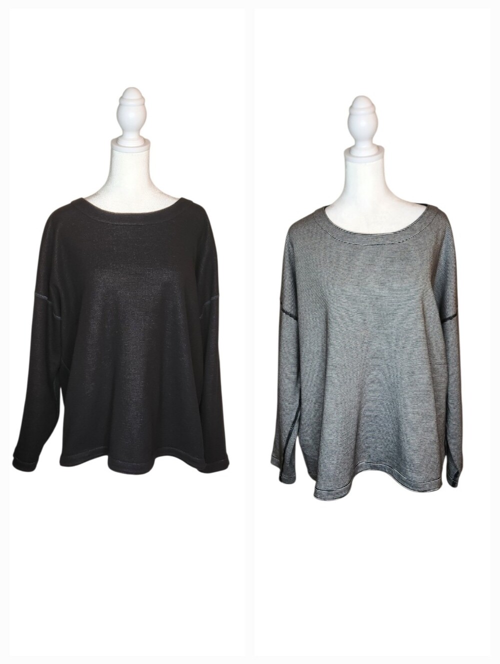Eileen Fisher Reversible Black and White Stripe/Black Long Sleeve Boxy Top XL